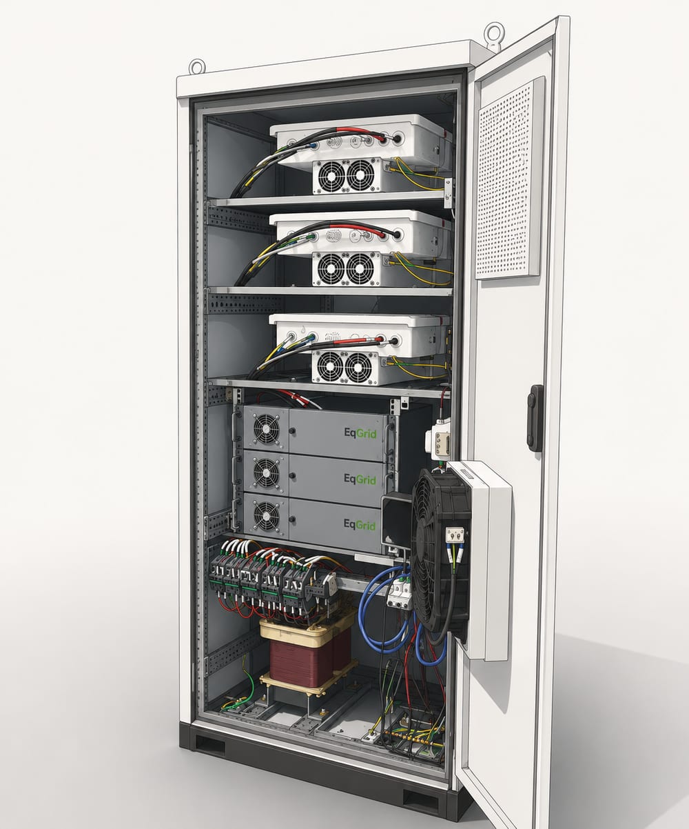 Illustrasjon av standard eqGrid-modell med batterimoduler, kraftelektronikk, transformatorer og styring